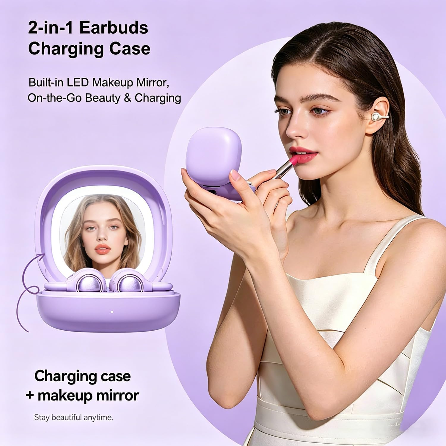 2-in-1 Earbuds Set with Makeup Mirror, Invisible Sleep Earbuds & Open-Ear Clip On Headphones, Bluetooth 5.4, 48H Playtime, ENC Mic, IPX4 Waterproof for Small Ears Work Sleep Sports