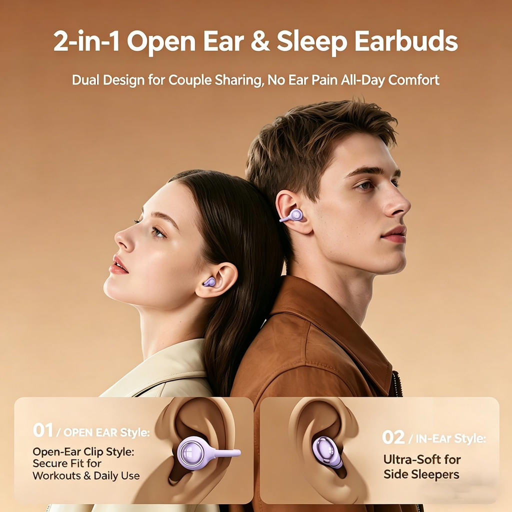 2-in-1 Earbuds Set with Makeup Mirror, Invisible Sleep Earbuds & Open-Ear Clip On Headphones, Bluetooth 5.4, 48H Playtime, ENC Mic, IPX4 Waterproof for Small Ears Work Sleep Sports
