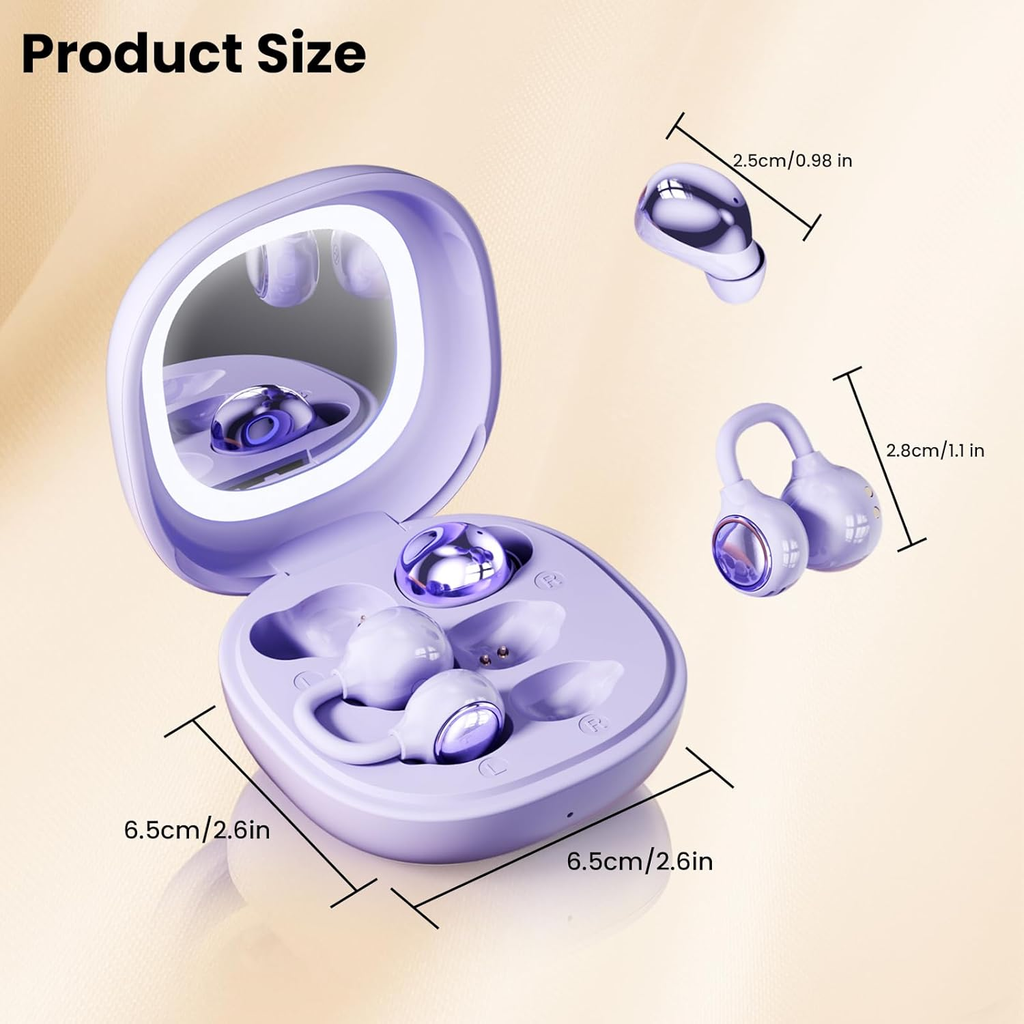 2-in-1 Earbuds Set with Makeup Mirror, Invisible Sleep Earbuds & Open-Ear Clip On Headphones, Bluetooth 5.4, 48H Playtime, ENC Mic, IPX4 Waterproof for Small Ears Work Sleep Sports