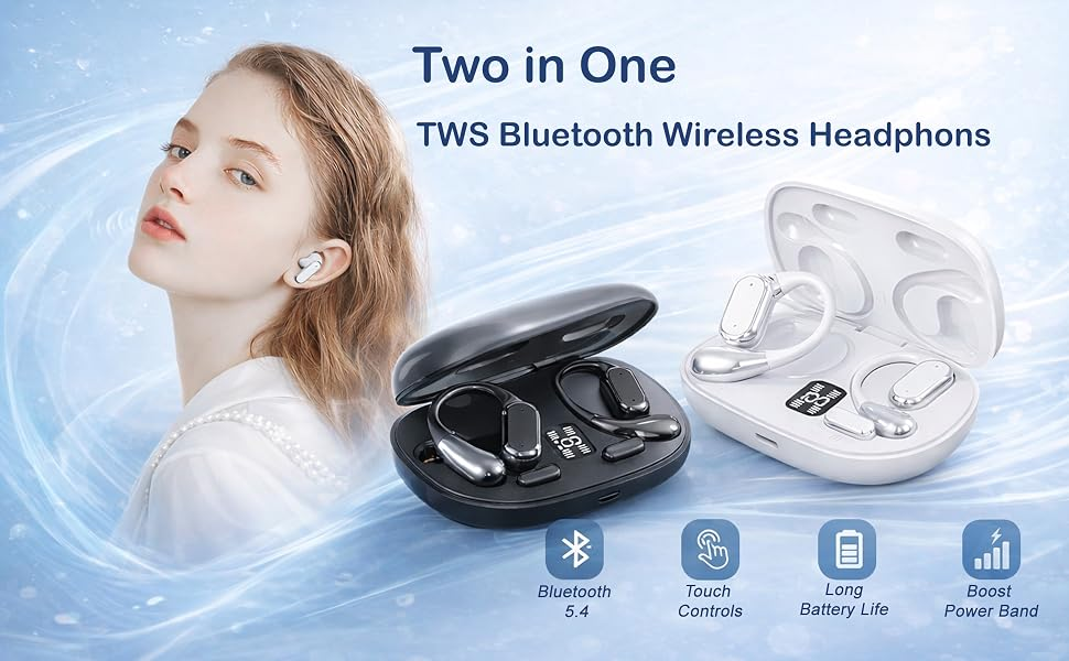 TWS Wireless Bluetooth Headphones Including Open-Ear &in-Ear Earbuds, Mini True Touch Headsets Voice Calls &Control Supportive, 2 Pairs in 1 case, Small Portable for Music Sports &Game