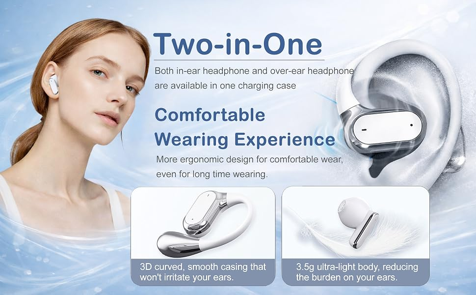 TWS Wireless Bluetooth Headphones Including Open-Ear &in-Ear Earbuds, Mini True Touch Headsets Voice Calls &Control Supportive, 2 Pairs in 1 case, Small Portable for Music Sports &Game