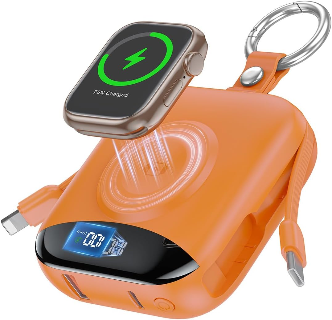 Portable Charger 10000mAh w/Built-in Cables & iWatch Charger Fast charging, Built-in Cables, LED display, Charge 5 devices at once, Ring buckle, TSA approved, Pocket size, Charge iWatch