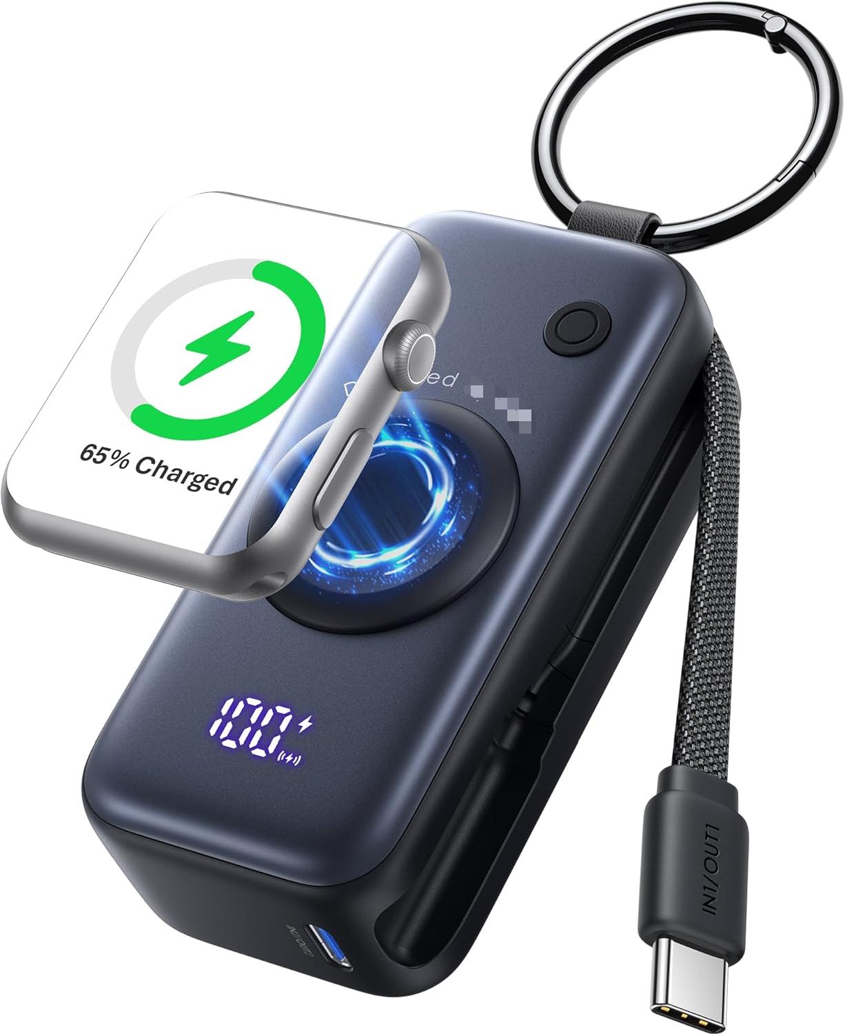 Portable Power Bank, Mini Power Bank for Apple Watch & Phone, 5000mAh 20W Fast Charging Battery Pack with Built-in USB C Cable, Flight-Safe Keychain, for Apple Watch iPhone 17 16 Samsung