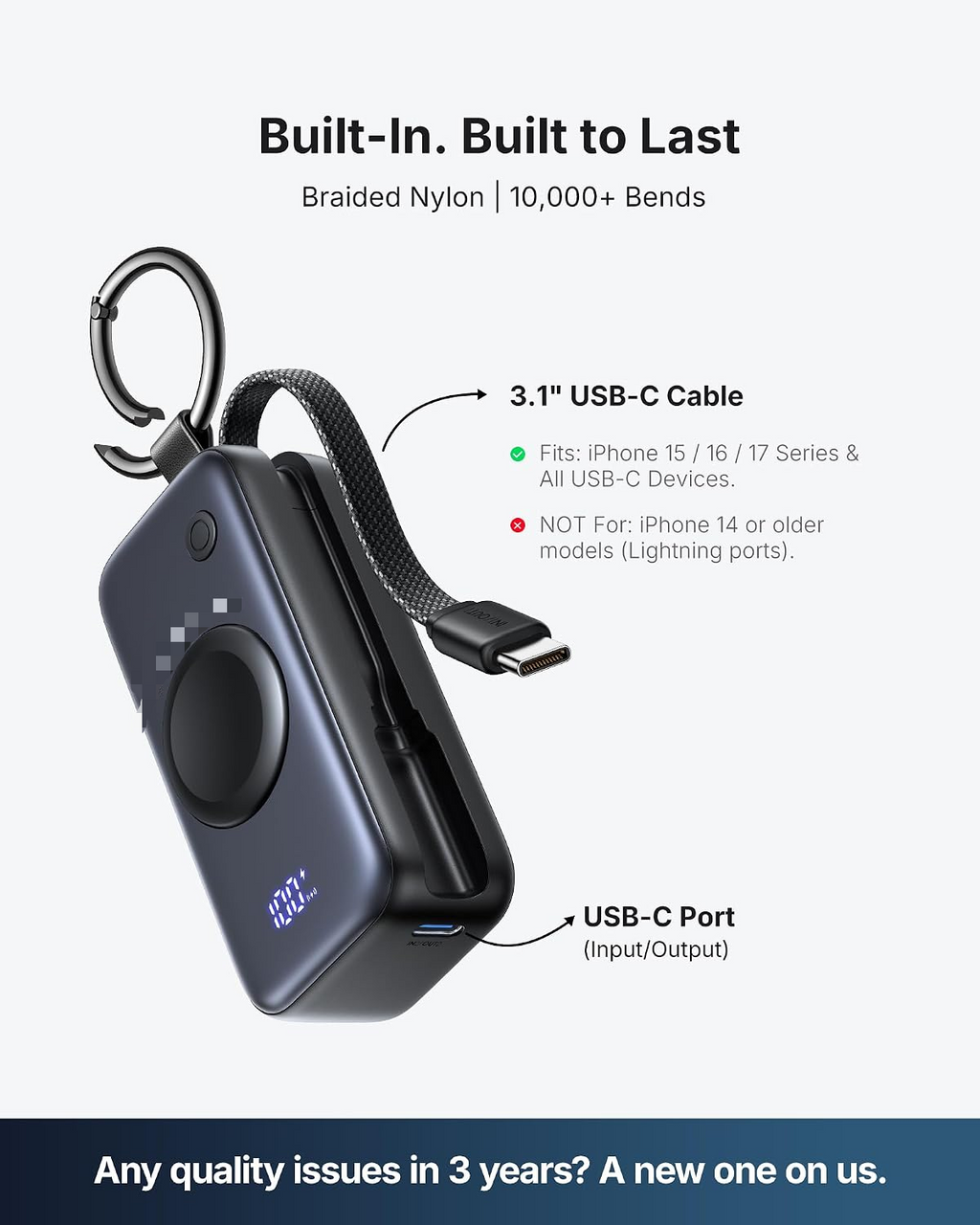 Portable Power Bank, Mini Power Bank for Apple Watch & Phone, 5000mAh 20W Fast Charging Battery Pack with Built-in USB C Cable, Flight-Safe Keychain, for Apple Watch iPhone 17 16 Samsung