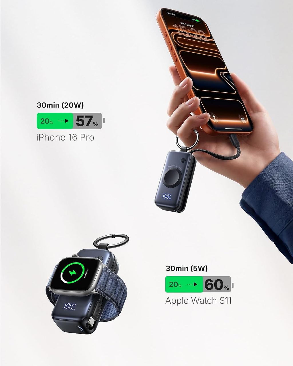 Portable Power Bank, Mini Power Bank for Apple Watch & Phone, 5000mAh 20W Fast Charging Battery Pack with Built-in USB C Cable, Flight-Safe Keychain, for Apple Watch iPhone 17 16 Samsung