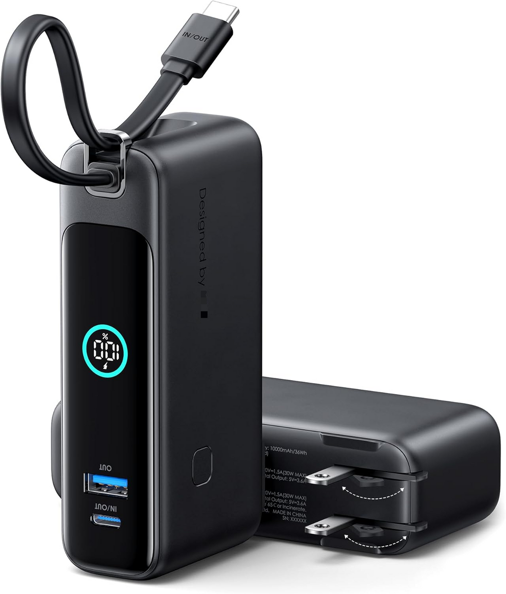 Portable Power Bank with Foldable AC Plug, 10000mAh 30W Fast Charging Power Bank, Built-in USB C Cable, Travel Essentials Battery Pack for iPhone 17 16 15, Samsung S25 S24, MacBook