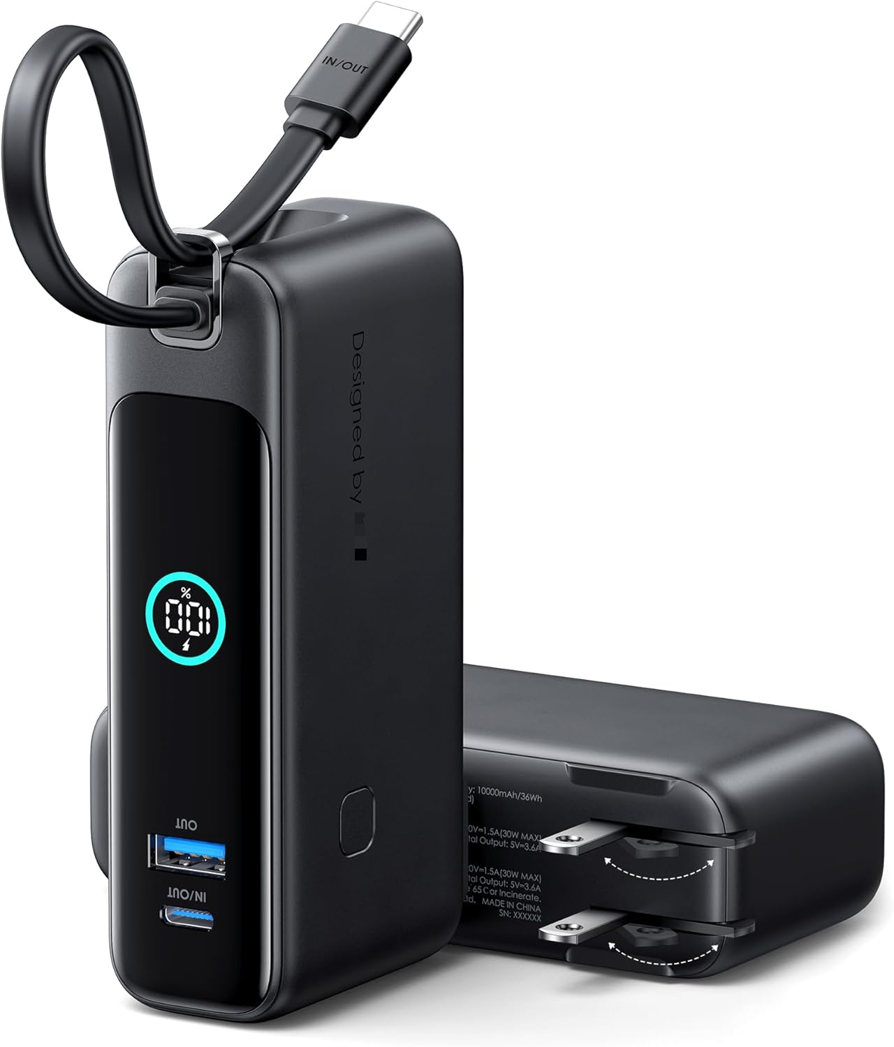 Portable Power Bank with Foldable AC Plug, 10000mAh 30W Fast Charging Power Bank, Built-in USB C Cable, Travel Essentials Battery Pack for iPhone 17 16 15, Samsung S25 S24, MacBook
