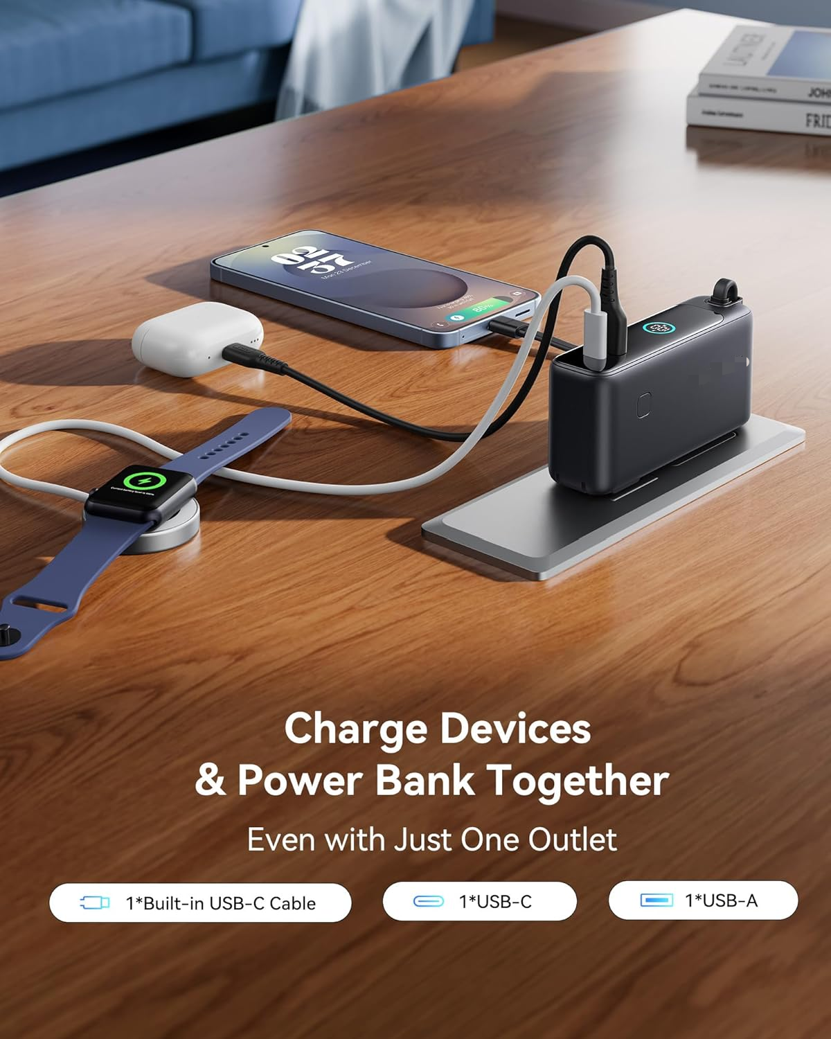Portable Power Bank with Foldable AC Plug, 10000mAh 30W Fast Charging Power Bank, Built-in USB C Cable, Travel Essentials Battery Pack for iPhone 17 16 15, Samsung S25 S24, MacBook