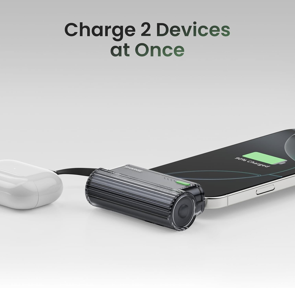 Mini Power Bank with Built-in Cable 22.5W Max Portable Charger for Travel, Fast Charging Battery Pack with iOS and USB-C Connector for iPhone 17/16/15/14, Galaxy, Google, and More, Detachable Charging USB-C