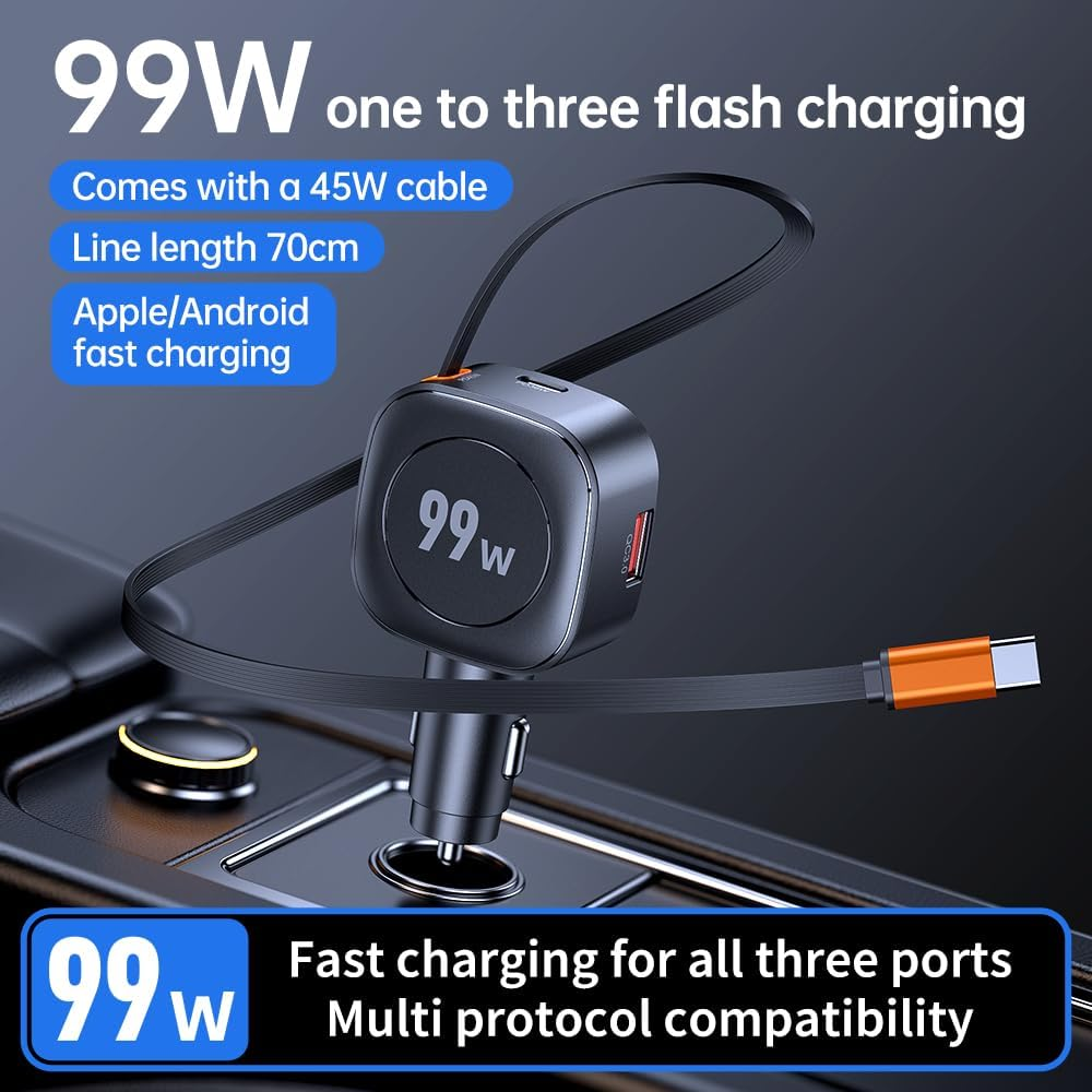 99W Retractable Car Charger, PD99W USB C Car Charger Adapter, 3-in-1 Multi Port Fast Charging Car Accessories Compatible with iPhone 17/16/15 Series