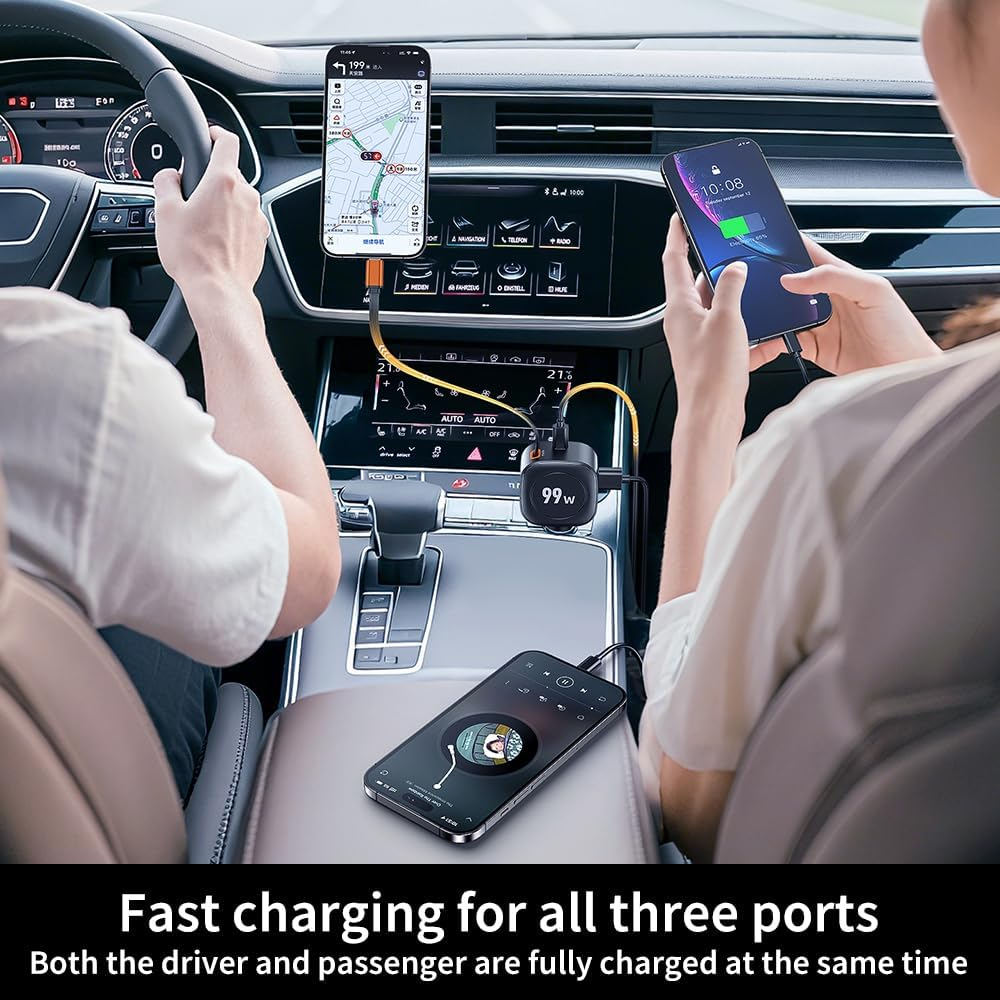 99W Retractable Car Charger, PD99W USB C Car Charger Adapter, 3-in-1 Multi Port Fast Charging Car Accessories Compatible with iPhone 17/16/15 Series