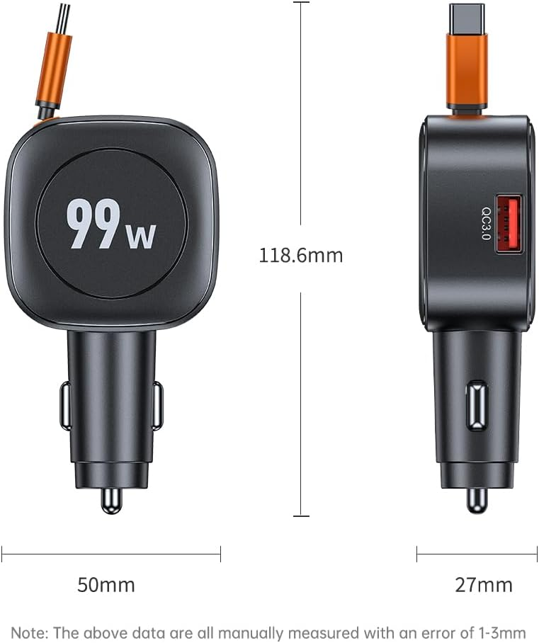 99W Retractable Car Charger, PD99W USB C Car Charger Adapter, 3-in-1 Multi Port Fast Charging Car Accessories Compatible with iPhone 17/16/15 Series