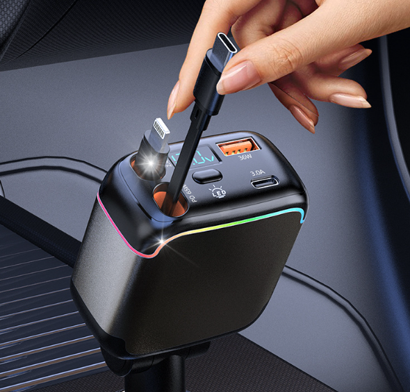 Retractable Car Charger USB C, 65W PD Laptop Fast Charging, RGB light, Car Adapter for iPhone 17/16 Pro Max, Galaxy S26, MacBook, Dash