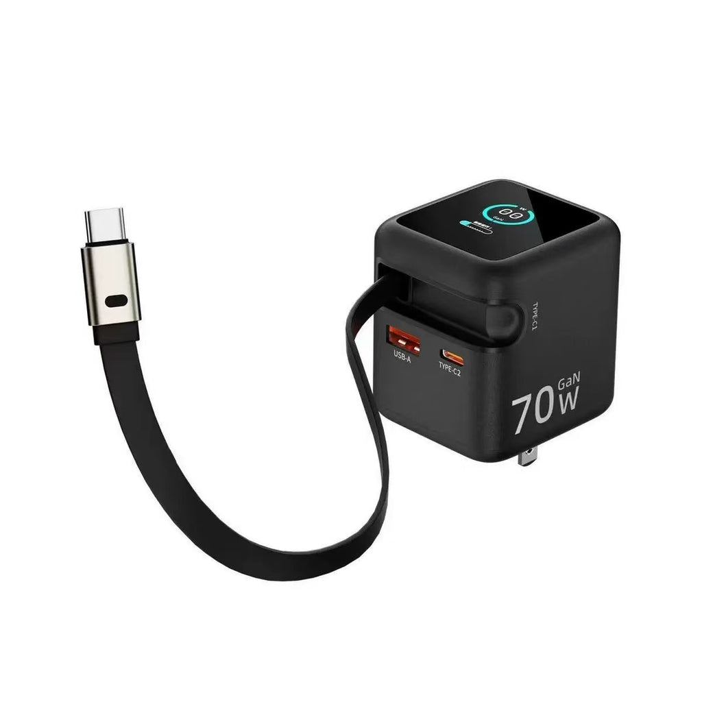 TFT Wall Charger, PD 70W Built-in USB-C Cable