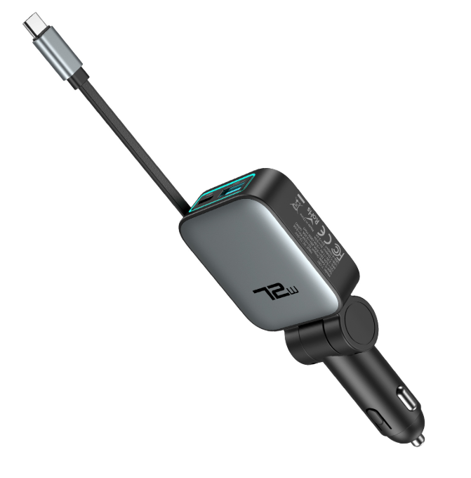 72W Retractable USB C Car Charger Fast Charging with Dual Type-C Cable and USB-A Port, PD QC3.0 Car Accessories Adapter Travel Essentials Compatible for iPhone 17 Samsung iPad Airpod Laptop