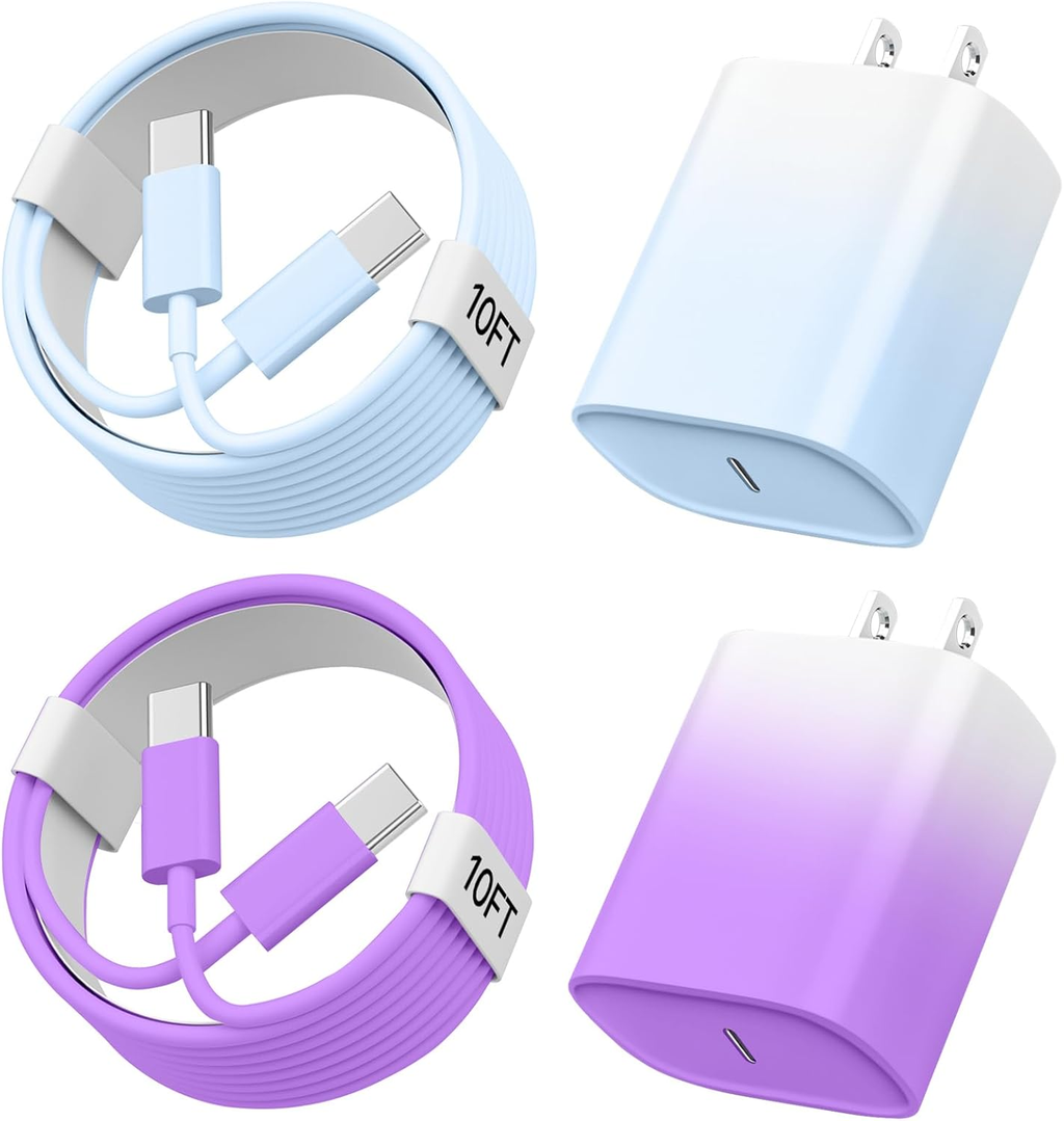 PD 20W Fash Wall Charger with 10FT USB C Charger for iPhone Charger Fast Charging, Braided Type C Fast Wall Chargers Block Adapter 10FT USB C to C Woven Cable for iPhone 17ProMax/17 Pro/17e/Air/17/16 ProMax/16Pro/15,iPad
