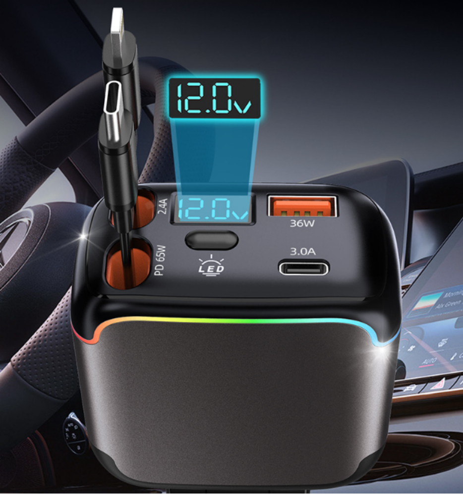 Retractable Car Charger USB C, 65W PD Laptop Fast Charging, RGB light, Car Adapter for iPhone 17/16 Pro Max, Galaxy S26, MacBook, Dash